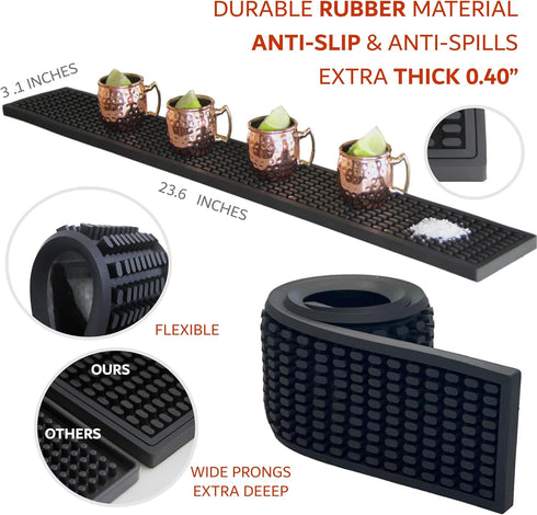 Premium Bar Rubber Spill Mat, 23.6" x 3.1" Thick Bar Rail Mat for Countertop, Home Bar, Bartending