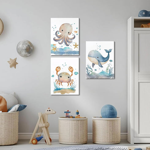 Set 3, 12x16 Inch Ocean Nursery Wall Art of Sea Animal Baby Boys Room Canvas Wall Decor Paintings, Watercolor Ocean