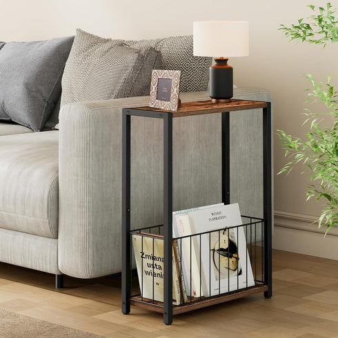 Homleke 7.1" 16.9" 23.6" Narrow Side Table with Magazine Holder, Skinny End Table Perfect for Small Spaces
