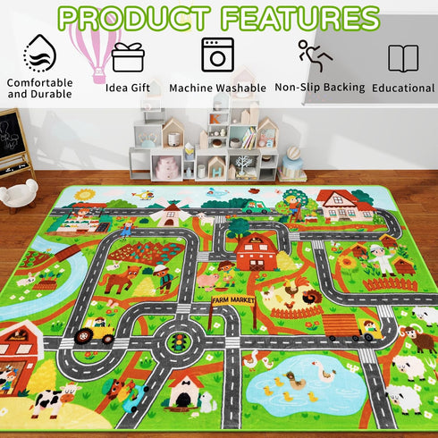 Mfmiudole 39.4" 59" Tummy Kids Rug Play Mat for Toy Cars, Farm Life Road Traffic for Playroom Kids Car Road Rugs