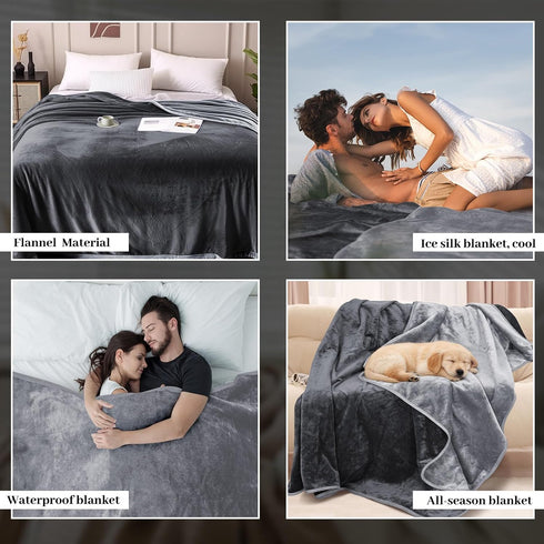 82" 82", 3-Layer Tisancy Love Waterproof Bed Blanket - Queen Size, x Dark & Light Gray, Flannel with Storage Bag