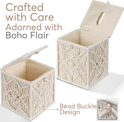 Tissue Box Cover Square Woven Macrame, Boho Decor Tissues Holder with Bead Buckle for Home, Bathroom, Office