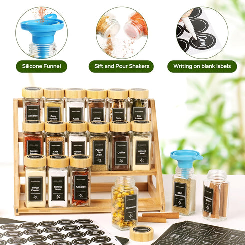FIKWO 3 18 780 Set Countertop, 4 oz Tier Bamboo Spice Rack Organizer with Spice Jars, Labels, Wood Shelf, Chalk Marker
