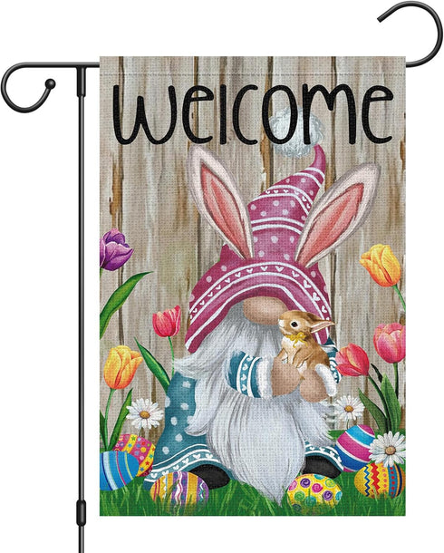 Welcome Easter Gnome Garden Flag 12x18 Double Sided Burlap, Funny Bunny Floral Small Yard Flag for Easter Holiday