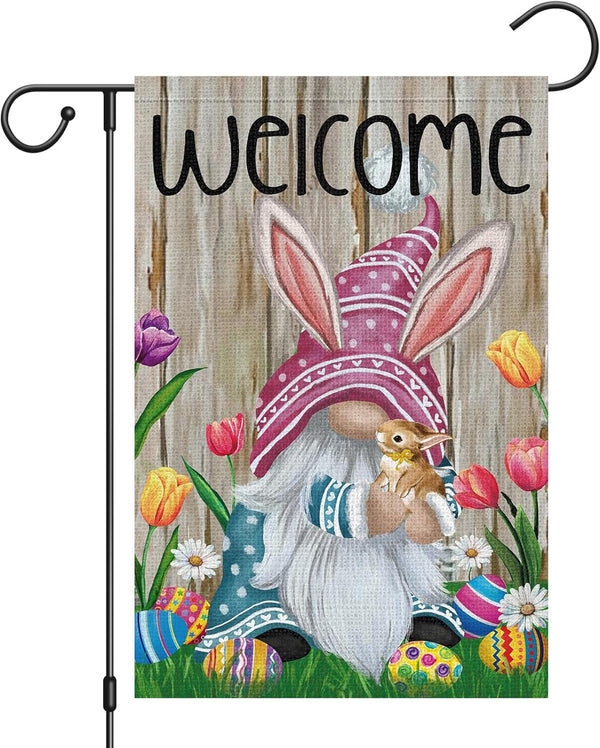 Welcome Easter Gnome Garden Flag 12x18 Double Sided Burlap, Funny Bunny Floral Small Yard Flag for Easter Holiday