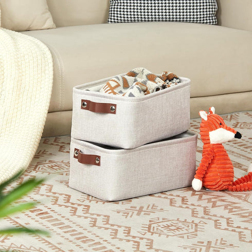 DULLEMELO Fabric Storage Baskets Set of 2 - 11.8x7.9x5.1 inch Small Organizing Baskets with PU Handles (Beige)