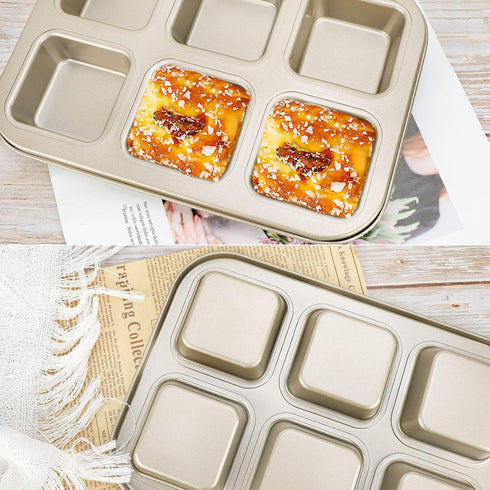 Beasea Brownie Pan, 6 Cavity Gold Nonstick Square Mini Brownie Muffin Cake Pan, Cheesecake Bakeware