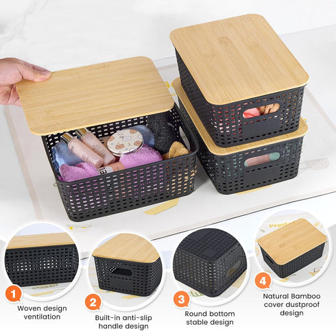 Plastic Storage Baskets with Bamboo Lid - 6 Pack Stackable Containers for Organizing Shelves, Drawers, Desktop, Office