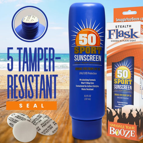 Smuggle Your Booze 50 5 (8 oz) Secret Hidden SPF Fake Sunscreen Lotion Flask by - Tamper-Resistant Seals & Funnel