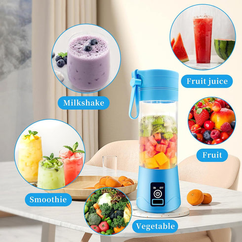 Portable Personal Blender for Shakes and Smoothies, USB Rechargeable Mini Juicer, 380ML Travel Bottles (Blue)