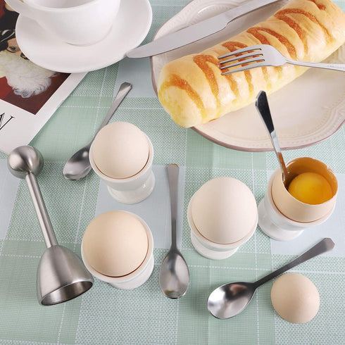 Set 1 4 4 Egg Cracker Topper for Soft Hard Boiled Eggs Shell Removal Includes Egg Cutter Ceramic Egg Cups and Spoons