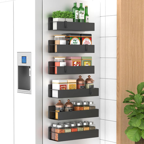 HuggieGems 6 Pack Magnetic Spice Storage Rack Organizer for Refrigerator and Oven, Black