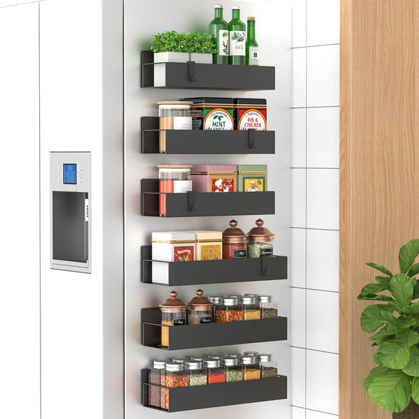 HuggieGems 6 Pack Magnetic Spice Storage Rack Organizer for Refrigerator and Oven, Black