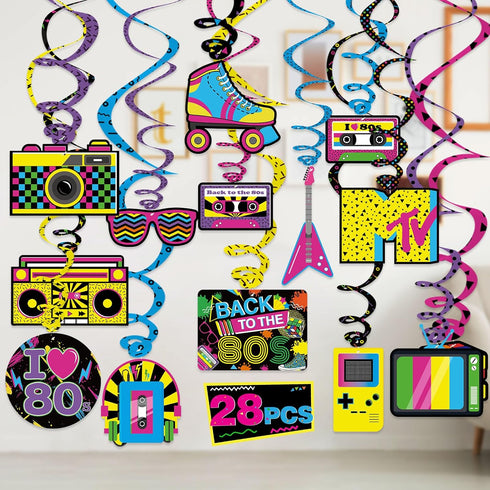 Bessmoso 28PCS 80s Party Decorations – Retro Hanging Swirls & Ceiling Streamers for 1980s Birthday