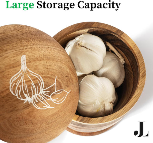 Counter. Introducing The Always Fresh Acacia Garlic Keeper For A Crafted Large Garlic Storage Jar. A Rustic Garlic