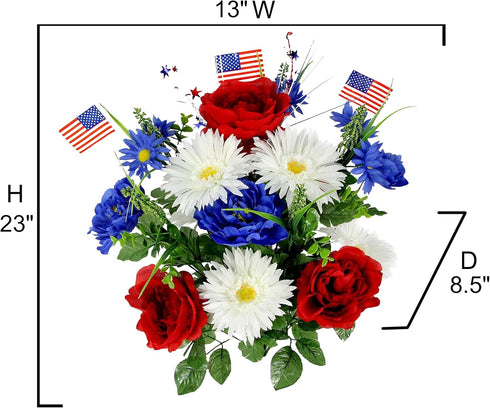 Admired By Nature Artificial Blooming Peony & Gerbera Daisy - 18 Stems with Small American Flags, Red/Blue/White