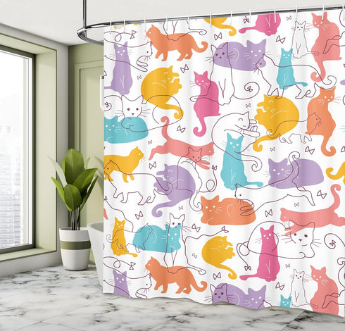 Ambesonne Cat Shower Curtain, Colorful Cats Modern Line Art, Cloth Fabric Bathroom Decor, 69" W x 70" L