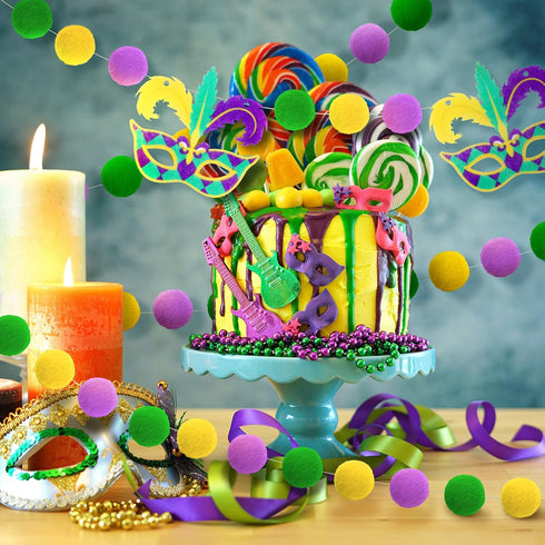 3 Pieces Pom Pom Garlands, Mardi Gras Decorations with Gold Purple Green Felt Ball Banners for Birthday Party
