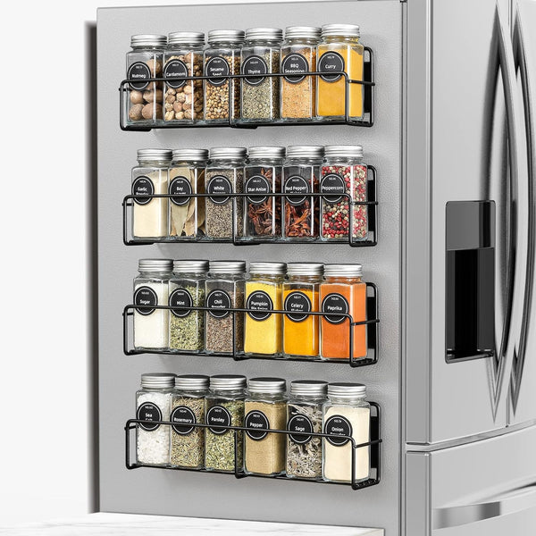 VITEVER Magnetic Spice Rack - 4 Pack with 24 Square Glass Jars, Quick-Find Labels, Funnel, Space Saver