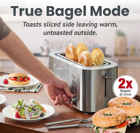Elite Gourmet ECT4123 Long Slot 4 Slice Toaster, Extra Wide Slots, Bagel, Defrost & Cancel Functions, Stainless Steel