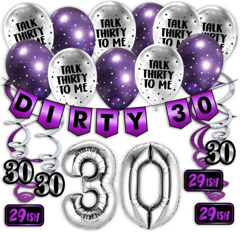 30th Birthday Purple Party Pack, Banner, Balloon, and Swirls for Birthday Decorations and Supplies
