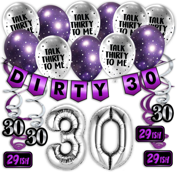30th Birthday Purple Party Pack, Banner, Balloon, and Swirls for Birthday Decorations and Supplies
