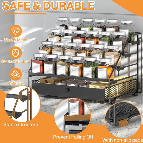 4 Countertop, DTUQYX Spice Rack Organizer for Cabinet: Tier Adjustable Spice Rack Organization with Drawer, Depth Metal