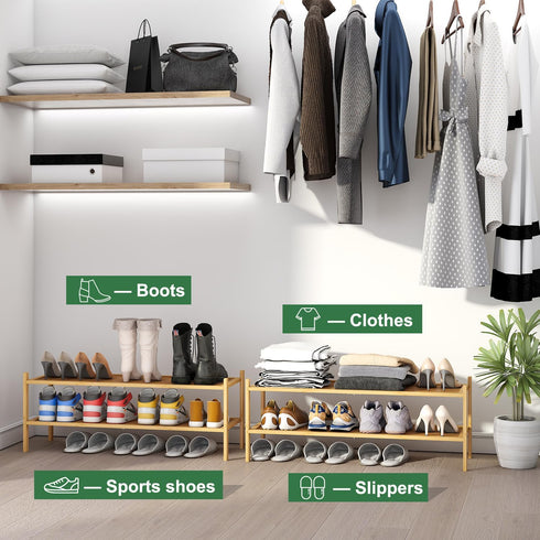kiplant 2-Tier Closet, Long Shoe Rack, Bamboo Wood Shoe Rack, Stackable for Entryway & Hallway