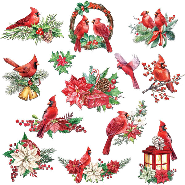 AnyDesign 12Pcs Christmas Refrigerator Magnets, Cardinal Holly Decorative Stickers for Indoor Outdoor Decor