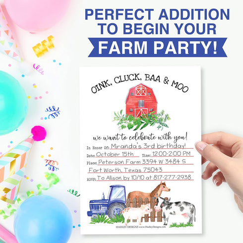 Hadley Designs 25 Birthday Party Invitations, Farm Barnyard Animal Pig Cow for Girl Boy, Printable Template, Tractor