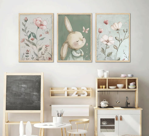 PPJ 3Pcs Nursery Bunny Wall Art Cute Rabbit Botanical Flowers Wall Decor Green Nursery Pictures Posters Girl Bedroom