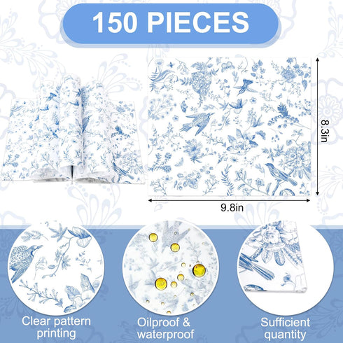 150Pcs Blue Floral Wax Paper Chinoiserie Bird Flower Deli Paper Sandwich Wrap Paper Tissue Waterproof Oil-Proof Picnic Liners for Party Kitchen Supplies, 9.8 x 8.3 Inch
