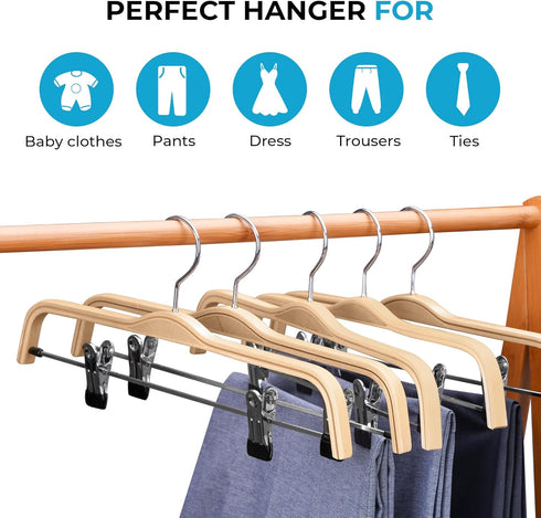 Wooden Pant Hangers, 5-Pack Lightweight Wood Skirt Hangers with Anti-Rust Hook and Adjustable Clips