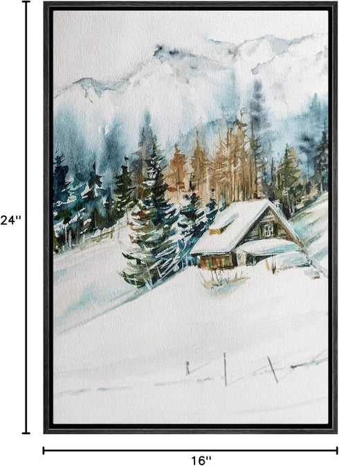 16"x24" SIGNWIN Framed Canvas Print Wall Art Woodland Nursery Decor Log Cabin Winter Snow Mountain Forest Nature Modern