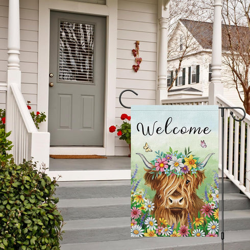 Welcome Spring Garden Flag 12x18 Inch Burlap Double Sided Vertical Highland Cow Farmhouse Outdoor Decor