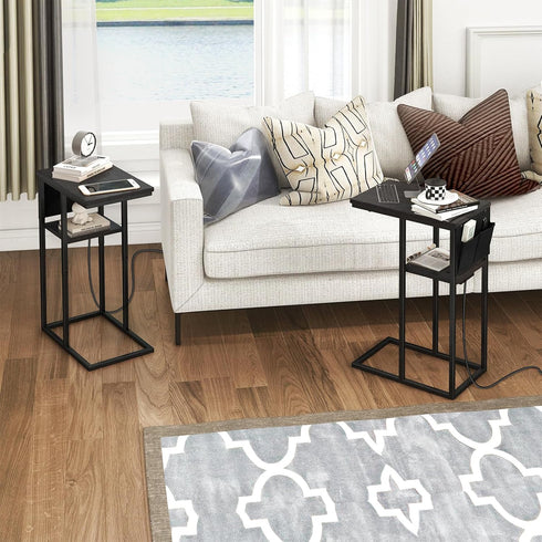 Livofloral C Shaped End Table with Charging Station, Small Side Tables for Couch with Storage Bag, Couch Side Tables