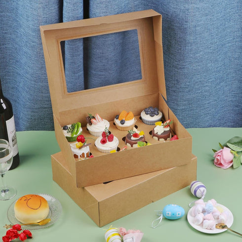 Cupcake Boxes 12 Count - 2 Pack Disposable Containers with Window and Inserts for Muffins, Cookies, Treats