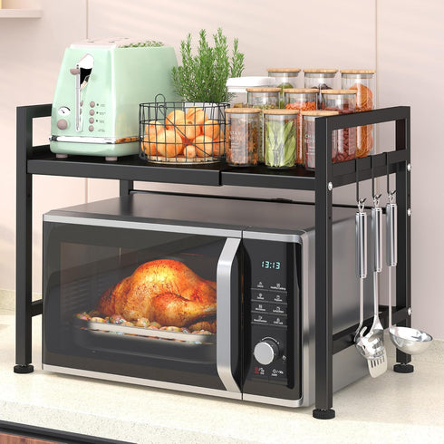 PUSDON Extendable Microwave Oven Rack, Adjustable Heavy Duty Kitchen Countertop Organizer, 2 Tier with 3 Hooks, Black