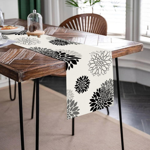 13 36 Inch Black Gray Table Runner Dahlia Pinnata Flower Beige Table Runners Modern Elegant Pompon Farmhouse Geometric