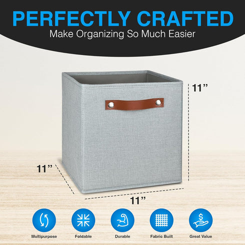 Pomatree 11 Inch Cube Storage Bin - 6 Pack, Linen Fabric Bins for Bedroom, Living Room, Clothes, Toys, Foldable, Silver