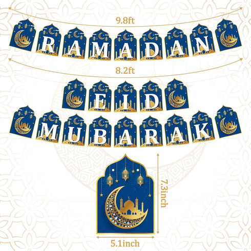 WATINC 2 in 1 Ramadan Banner Eid Mubarak Decoration, No DIY Needed Hanging Banners Decor for Home, Tree, Wall 10 Feet