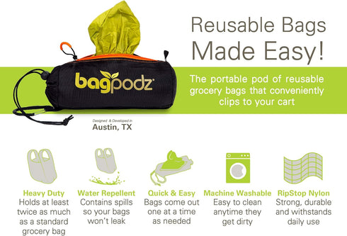 BagPodz 50lbs 10 Pack Sturdy Reusable Grocery Bags Foldable and Washable - Made From RipStop Nylon Hold - Designed
