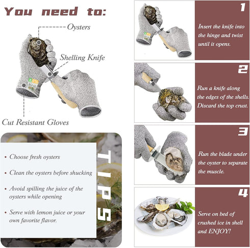 Oyster Shucking Knife Set of 2 Stainless Steel Knives and 2 Pairs Level 5 Cut-Resistant Gloves