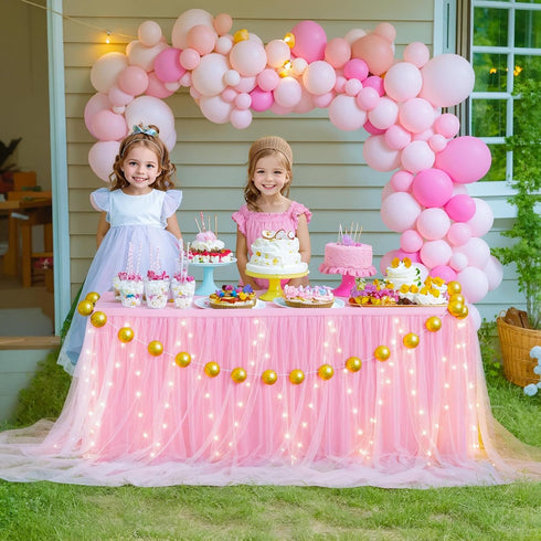 14FT Pink Tulle Table Skirt for Rectangle or Round Tables Ruffle Tulle Tutu Cloth Desk Table Skirt with LED Lights