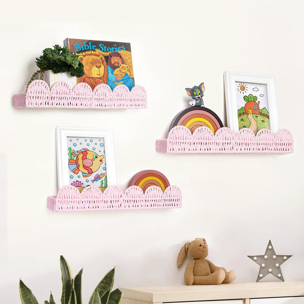 AELS Scalloped Nursery Bookshelf, Set of 3, Picture Ledge Shelf for Wall