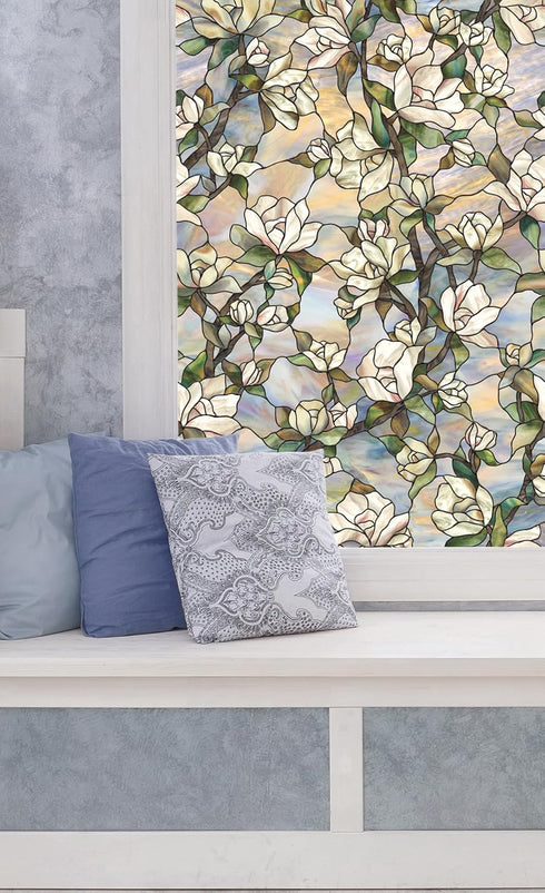 Artscape Star Magnolia Window Privacy Film, Stained Glass Pattern, Non-Adhesive & UV Protection, 24 x 36 inches