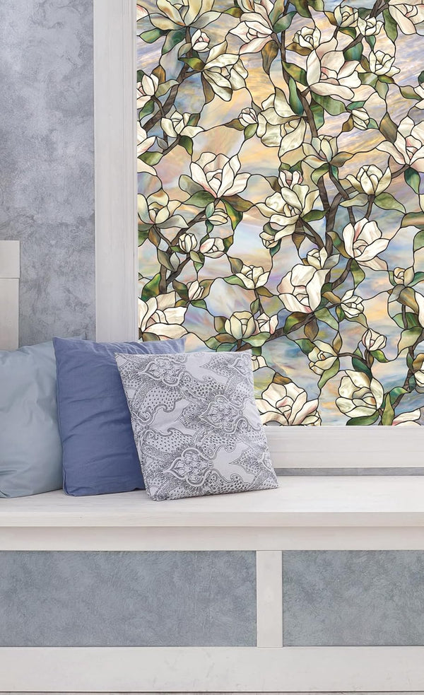 Artscape Star Magnolia Window Privacy Film, Stained Glass Pattern, Non-Adhesive & UV Protection, 24 x 36 inches