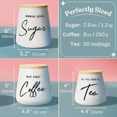 Set 3-Piece Countertop Set, Coffee Tea and Sugar Ceramic Canister with Bamboo Lids - Airtight Kitchen Canisters