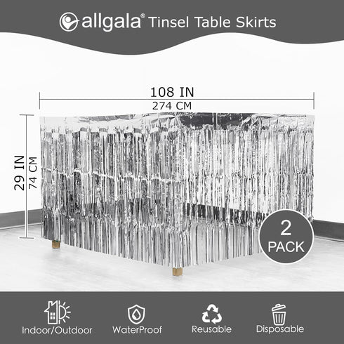 Allgala 2-Pack Silver Tinsel Table Skirt, 29x108 Inch Metallic Foil Fringe for Party Event, Parade Float Decoration