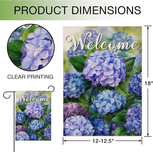 Welcome Spring Floral Flowers Garden Flag Double Sided, Hydrangea Decorative Yard Outdoor Home Small Decor, Summer Farmhouse Burlap Outside House Decoration 12 x 18